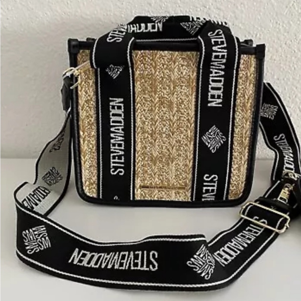 Steve Madden Gold and Black Crossbody Bag with Logo Strap